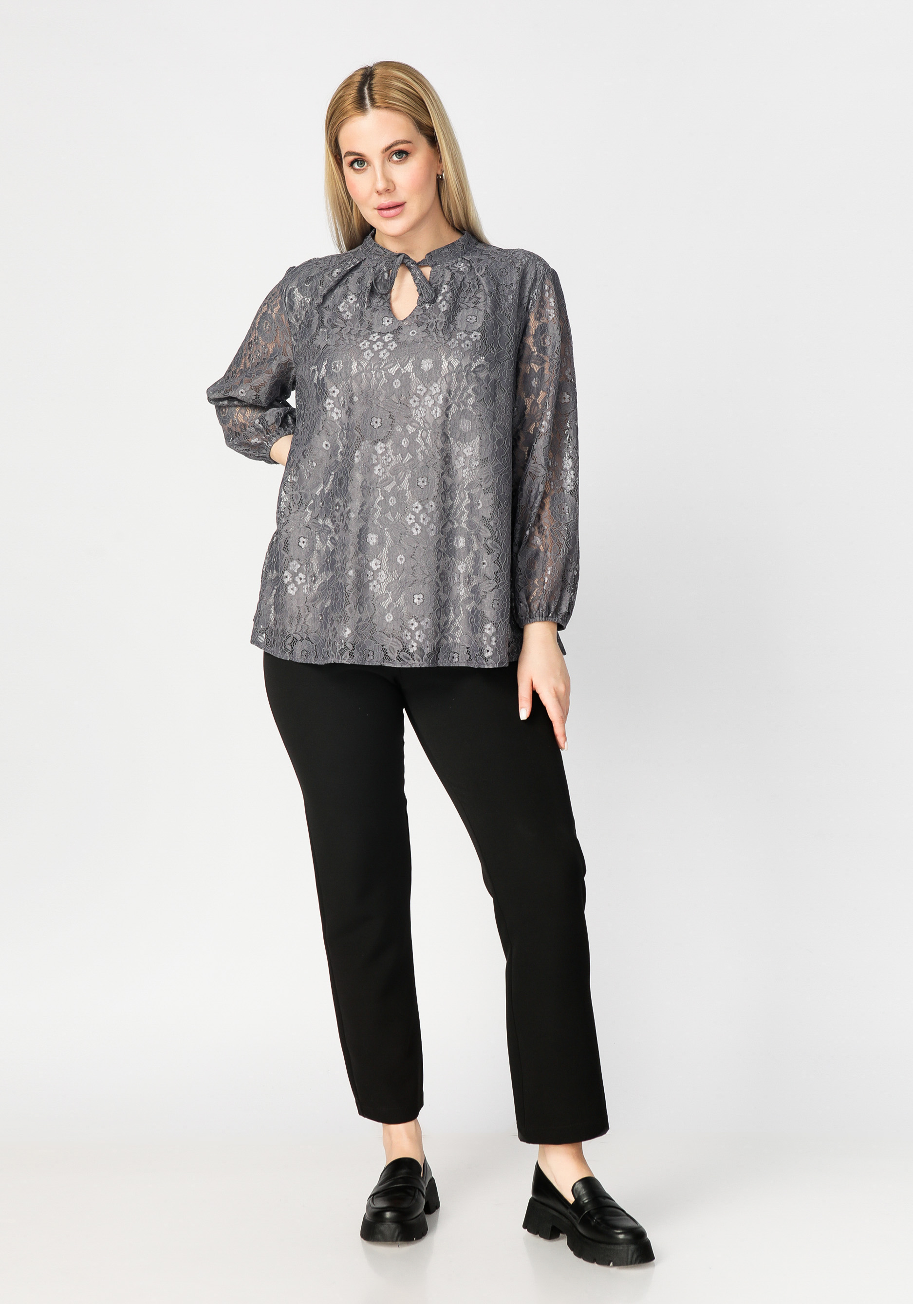 Блуза из гипюра на завязках Manhattan, размер 50, цвет серый - фото 4