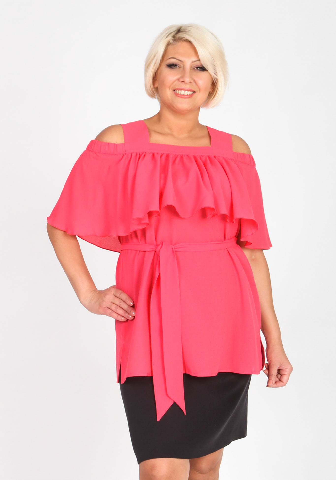 Блуза с воланом и поясом на талии Julia Weber, цвет розовый, размер 46 - фото 1