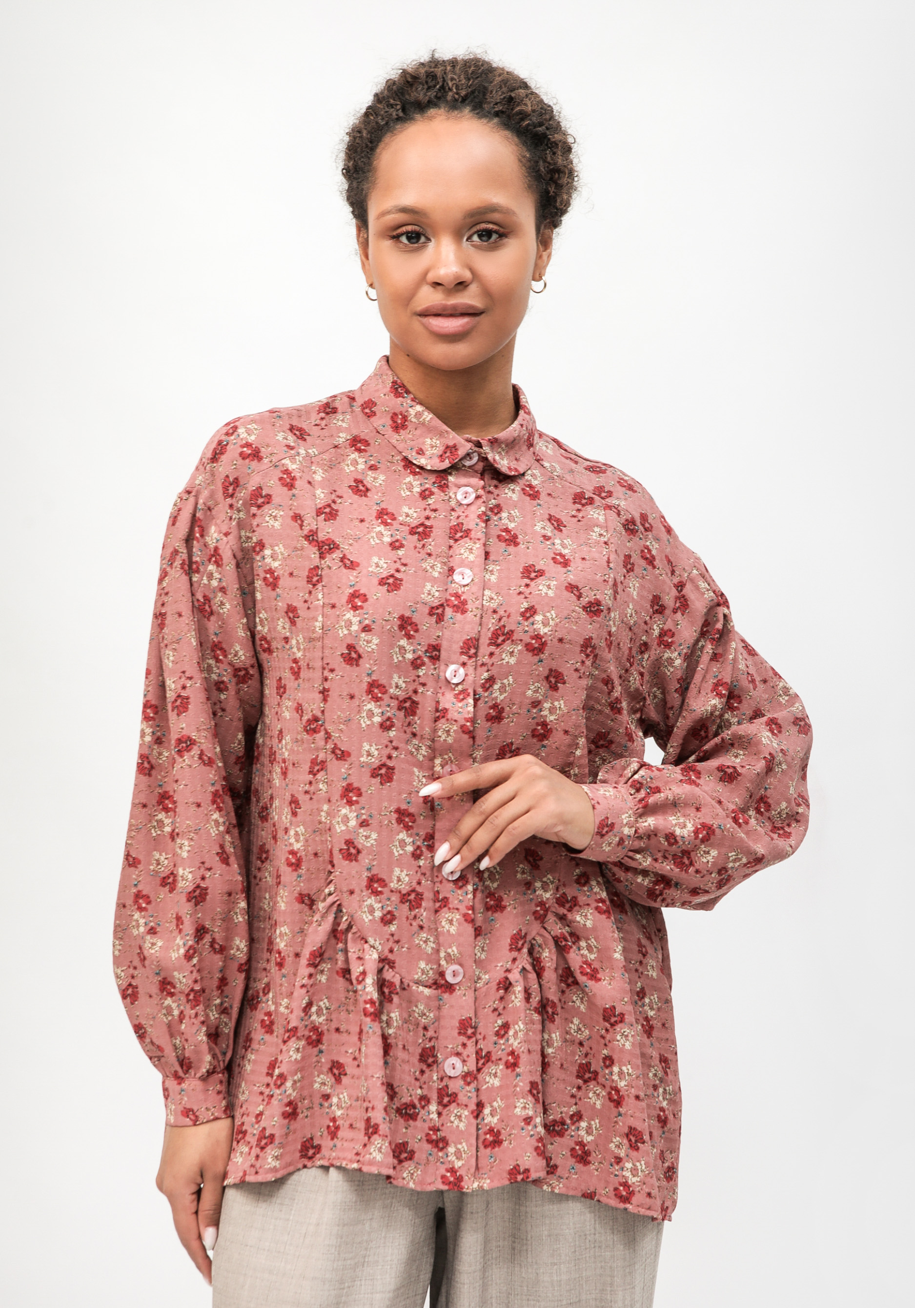 Блуза с круглым воротником на стойке Frida, цвет коричневый, размер 58-60