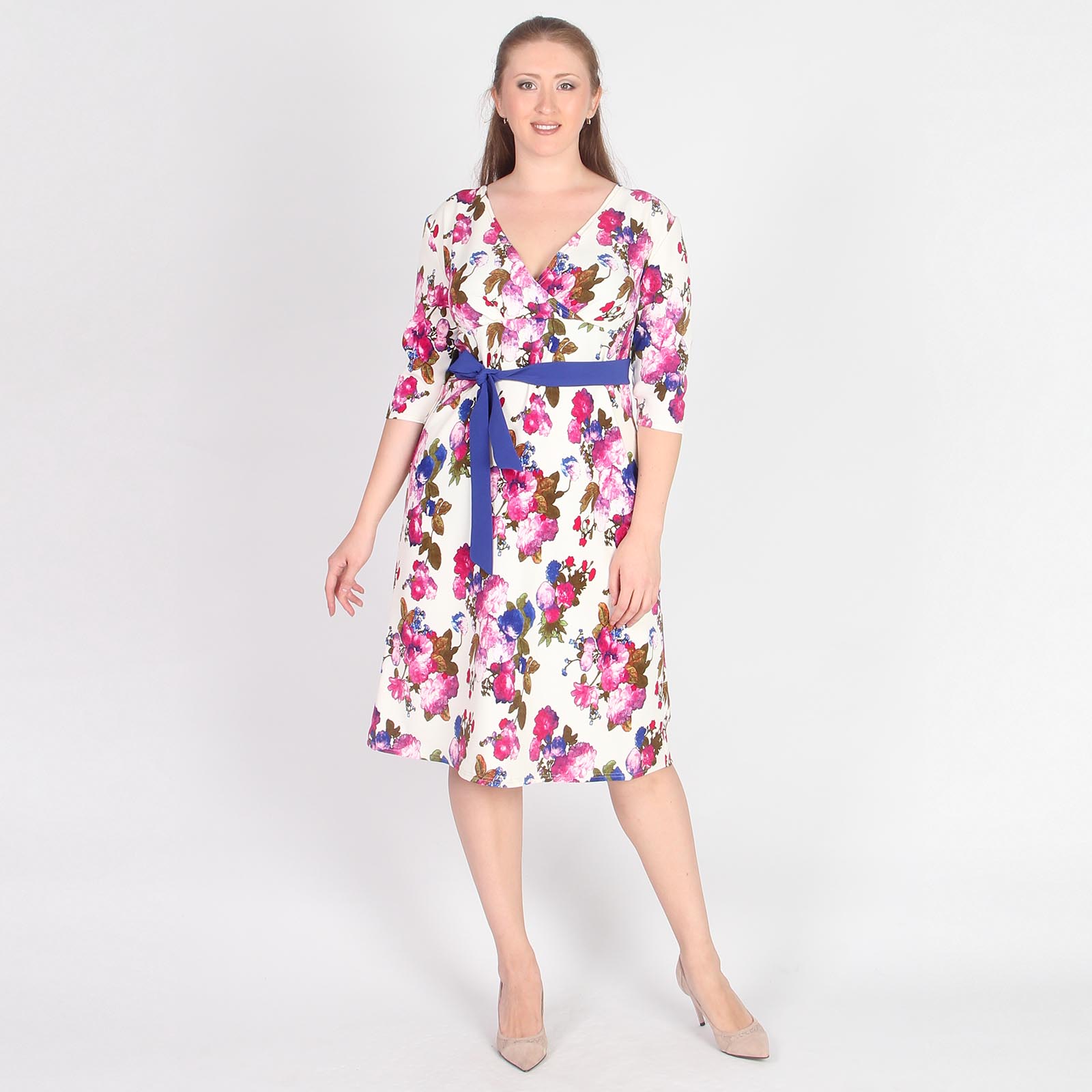 Платье-миди с V-образным вырезом и поясом Bianka Modeno, цвет розовый, размер 48 - фото 1