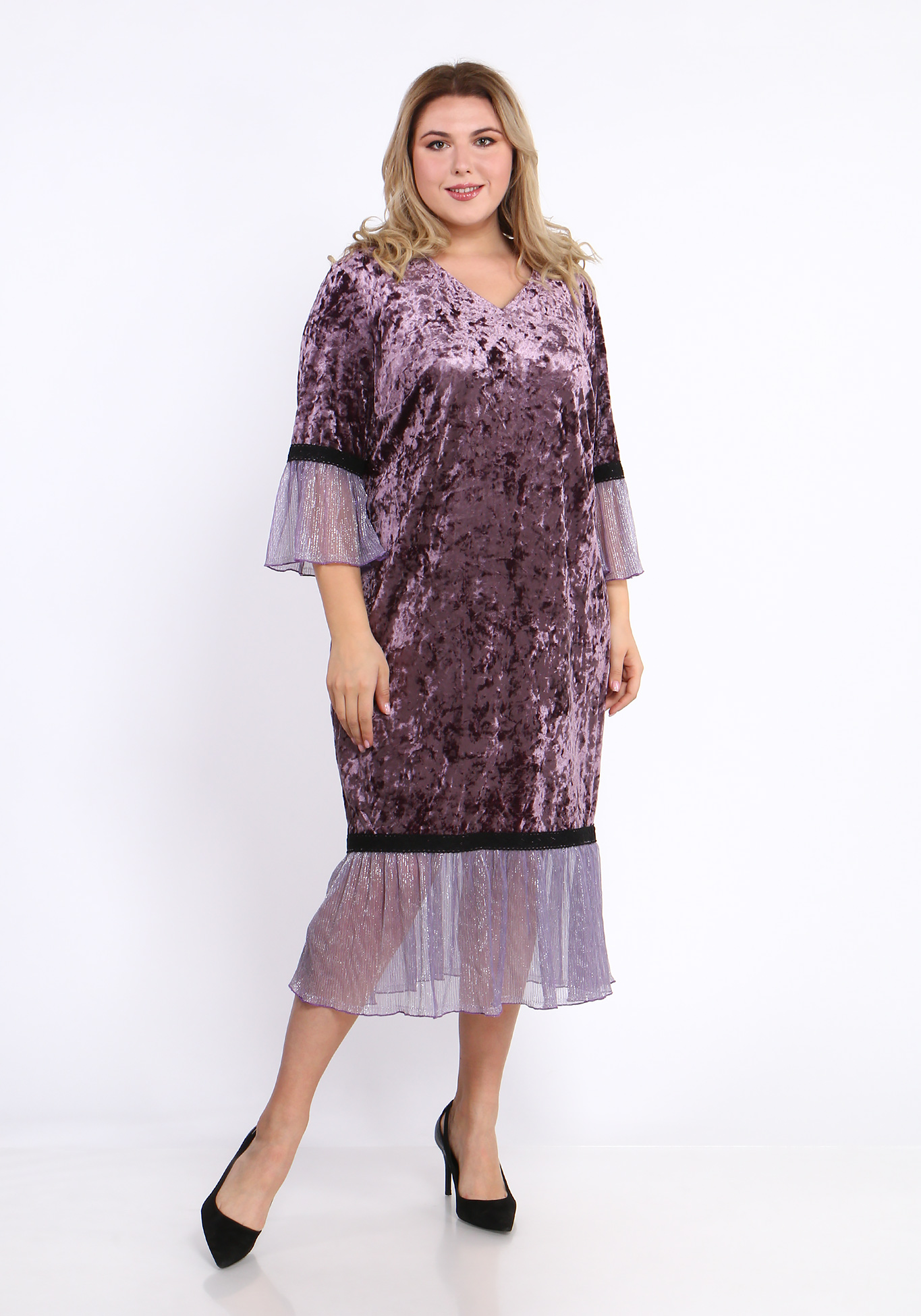 Платье велюровое с рукавом 3/4 Bianka Modeno, размер 52, цвет сиреневый - фото 2