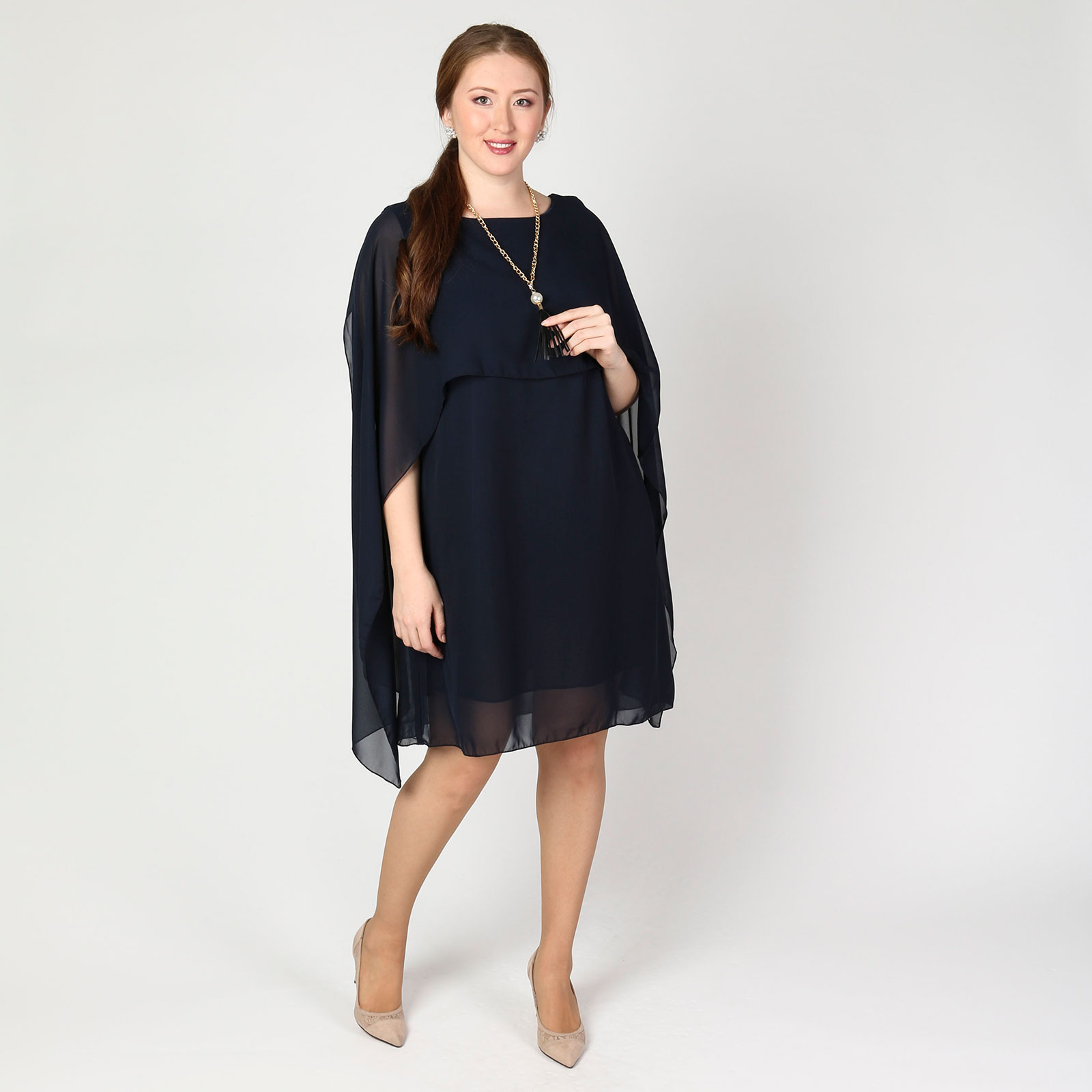 Платье из шифона с украшением в комплекте Bianka Modeno, размер 58, цвет синий - фото 1