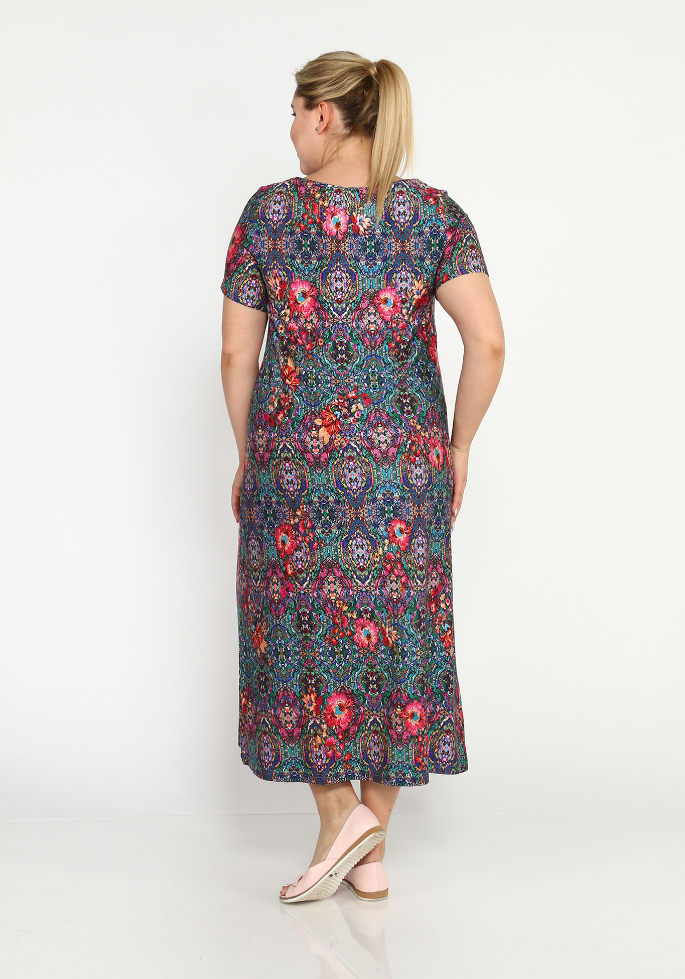 Платье прямое с принтом и короткими рукавами Синель, размер 46, цвет сине-розовый - фото 7