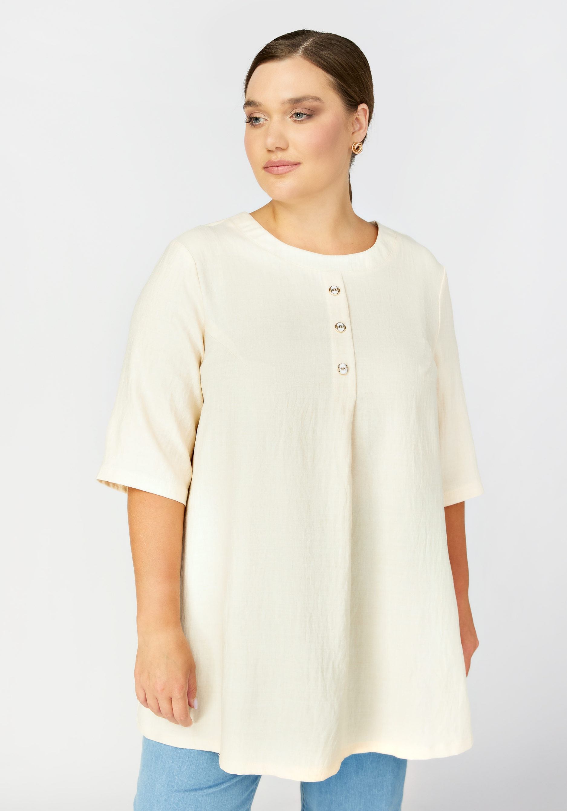 Блуза с планкой на пуговицах жен туника муслин белый р 50