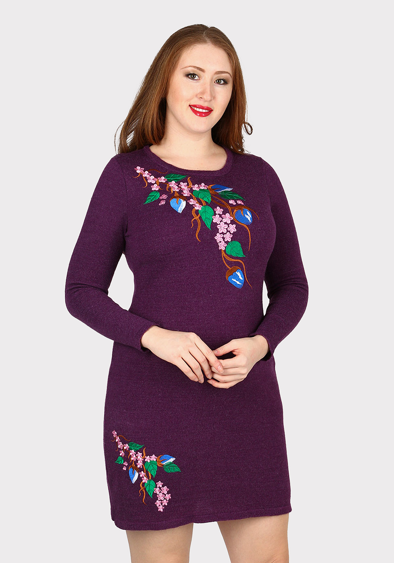 Платье-миди с длинным рукавом и вышивкой VeraVo, цвет фиолетовый, размер 52 - фото 1