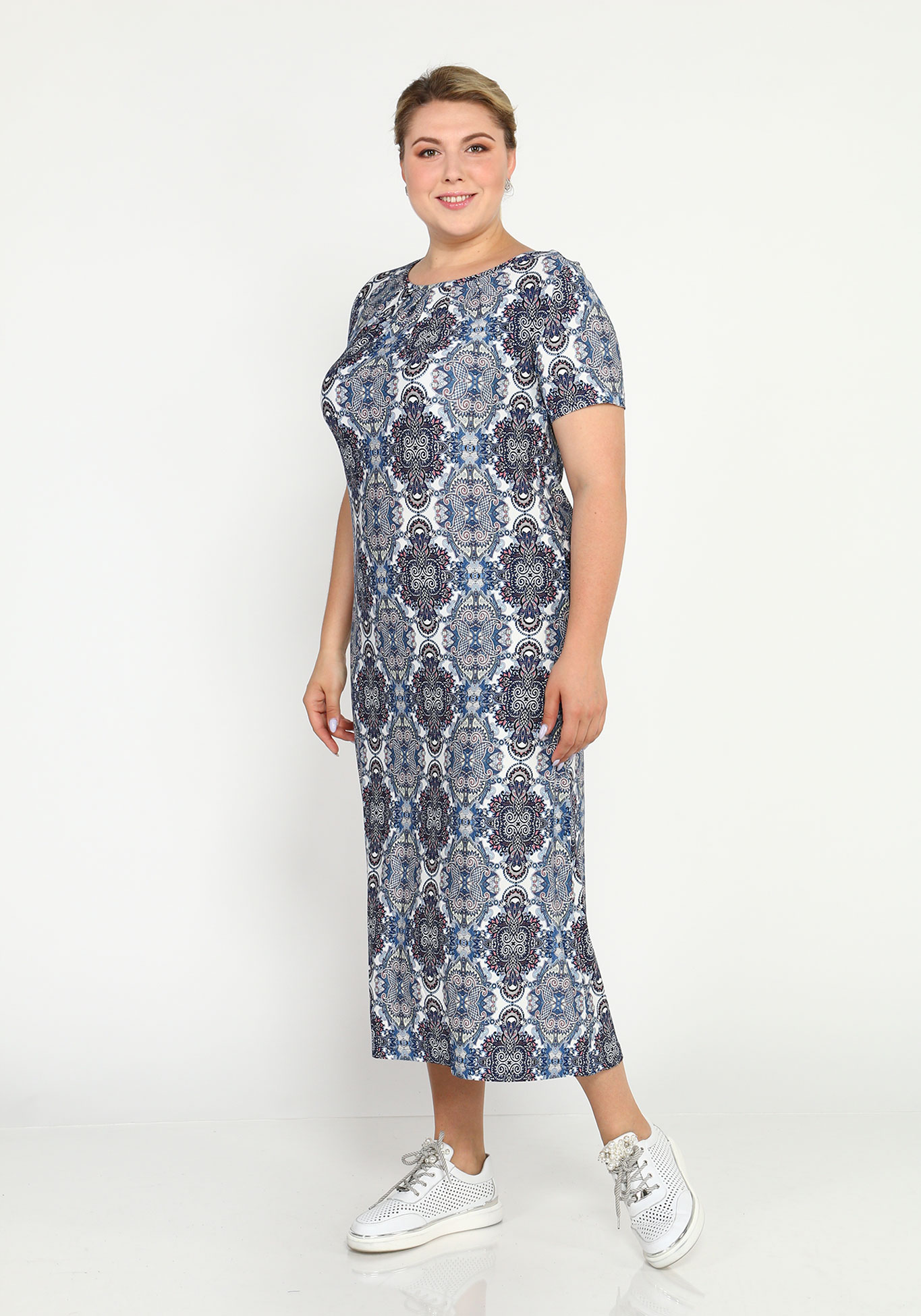 Платье прямое с принтом и короткими рукавами Синель, размер 46, цвет сине-розовый - фото 10
