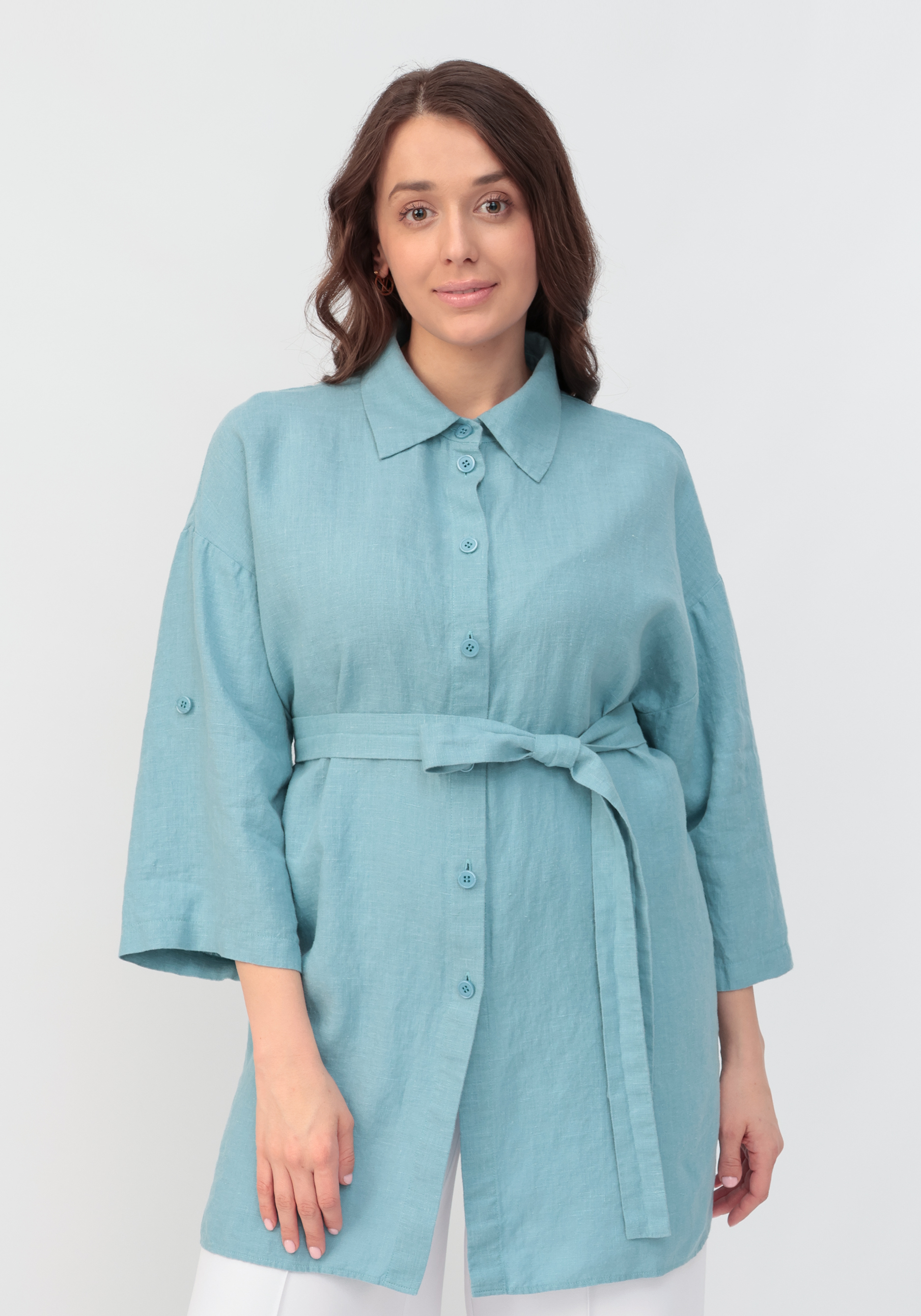 Рубашка удлиненная на поясе жен сарафан лето голубой р 56