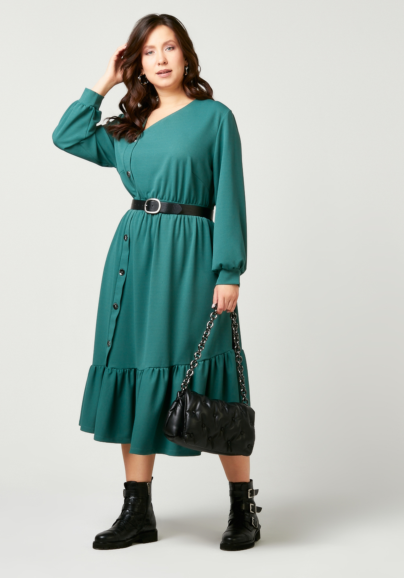 Платье однотонное с декоративными пуговицами Bianka Modeno, размер 50, цвет зеленый - фото 5