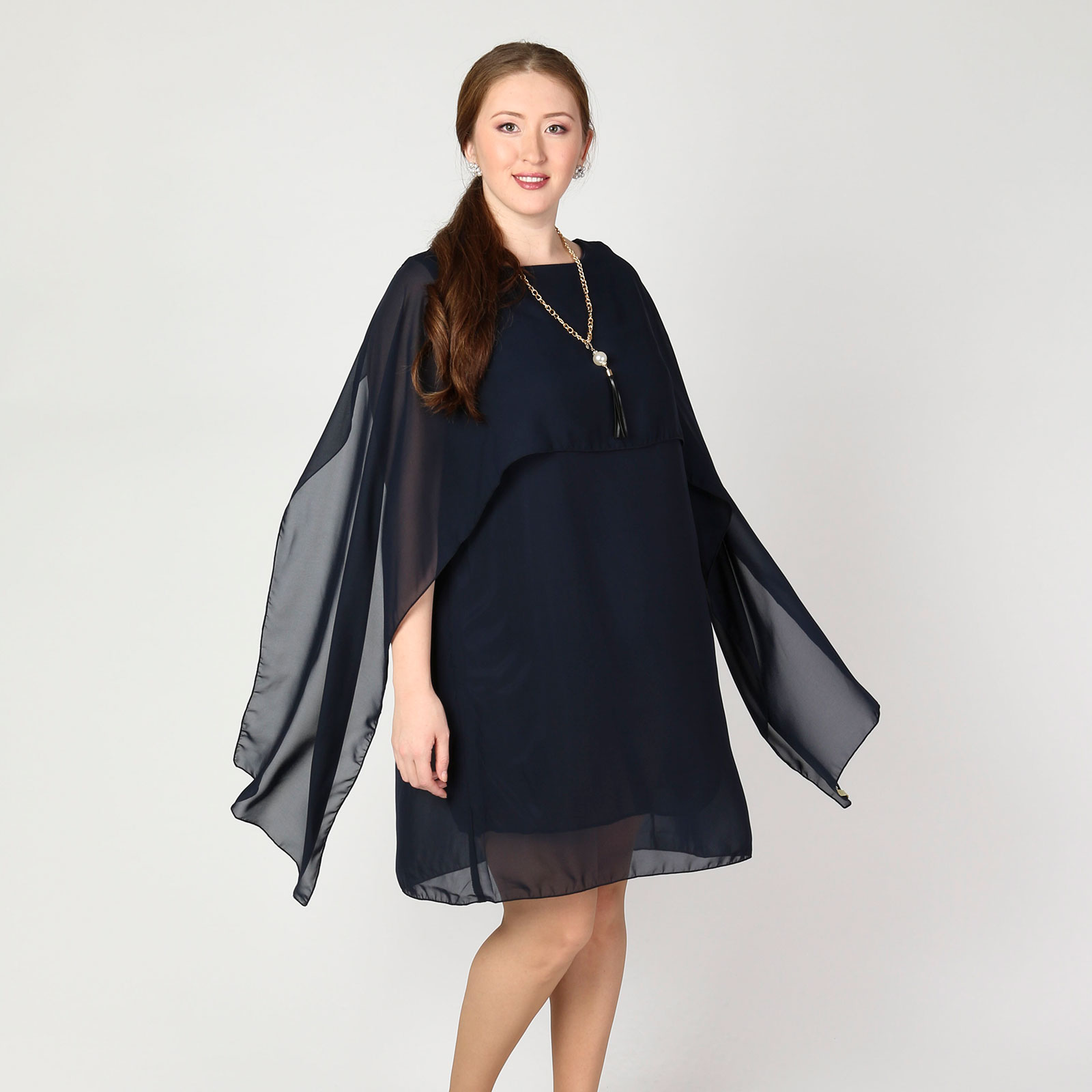 Платье из шифона с украшением в комплекте Bianka Modeno, размер 58, цвет синий - фото 2