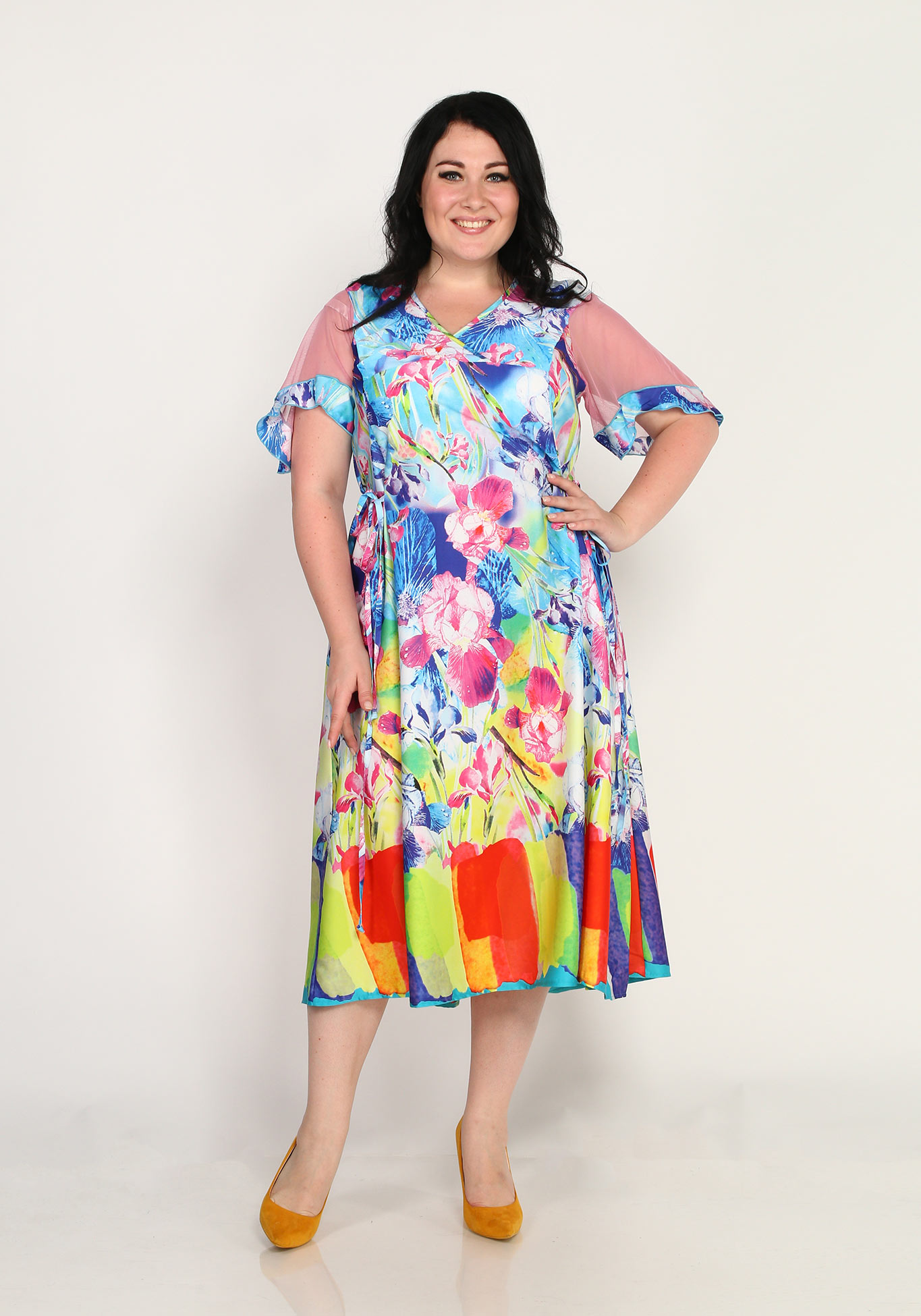 Платье-миди с двухслойным рукавом из сетки GalaGrosso, размер 52, цвет сине-малиновый - фото 2