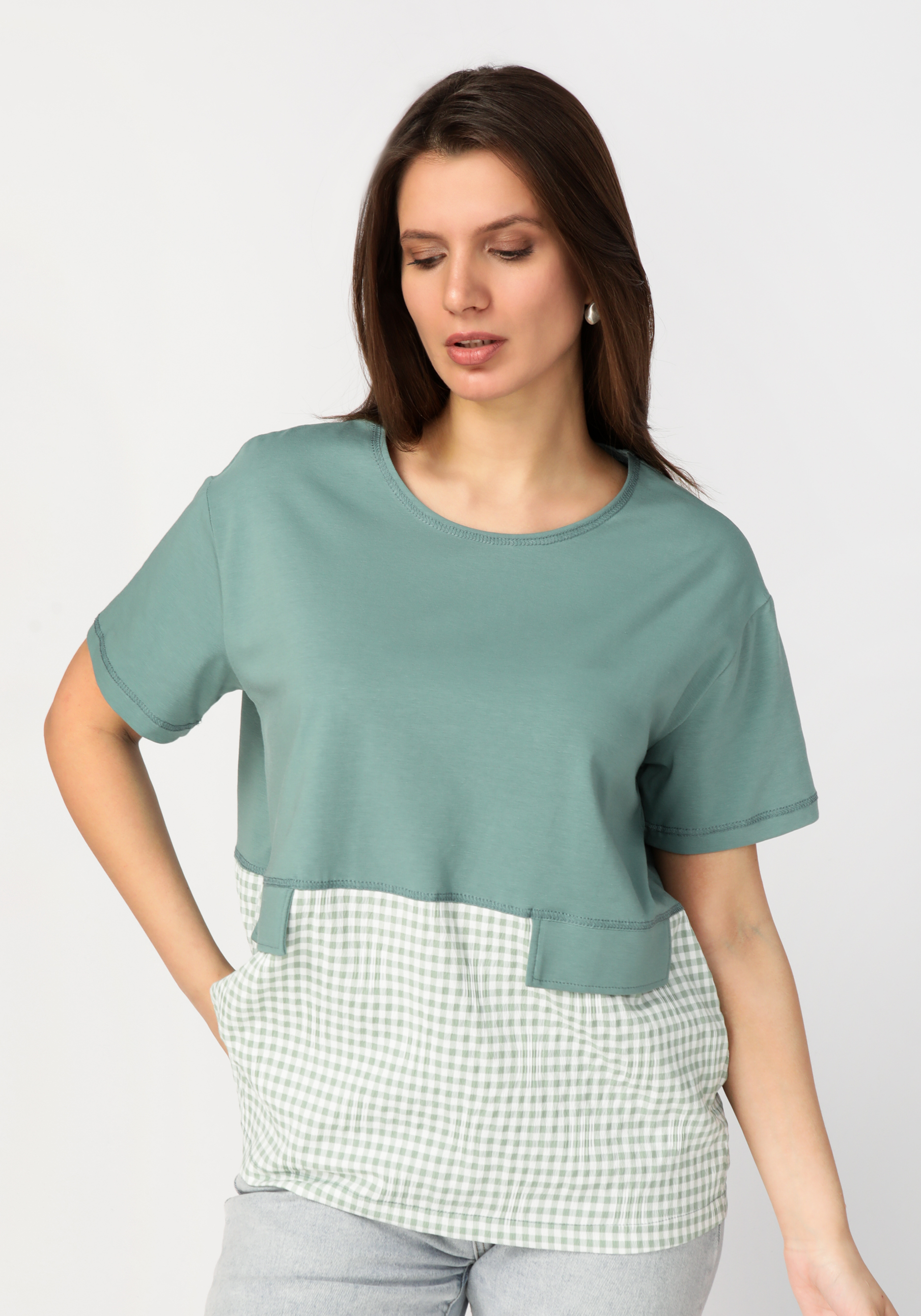 Блуза комбинированная из разных тканей жен сарафан льняное лето зеленый р 50