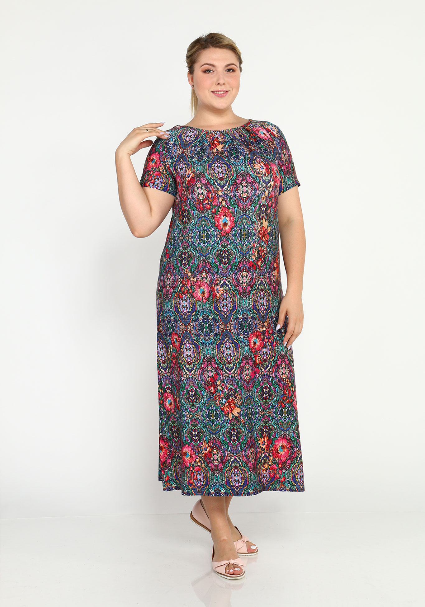 Платье прямое с принтом и короткими рукавами Синель, размер 46, цвет сине-розовый - фото 5