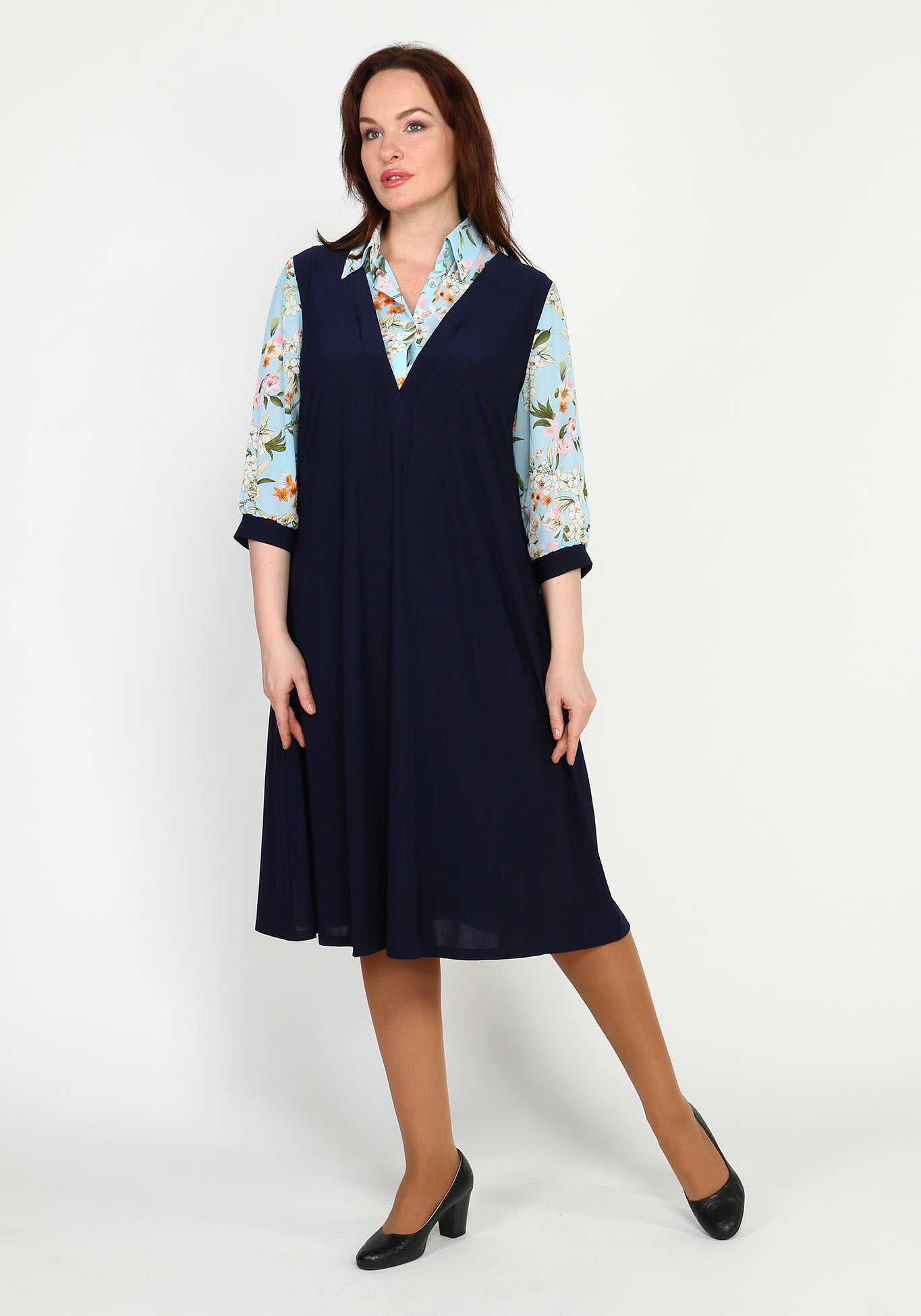 Платье с имитацией двойки и рисунком Bianka Modeno, размер 48, цвет синий - фото 4