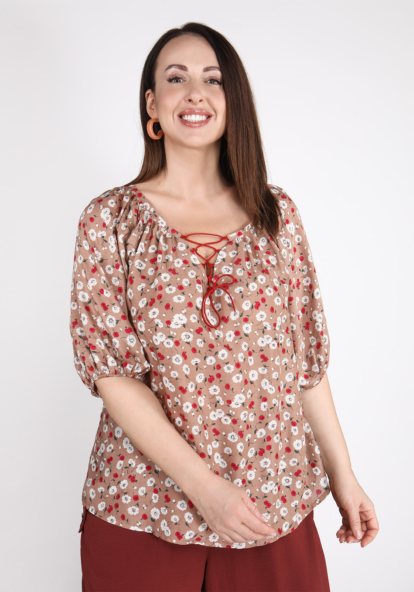 Блуза из штапеля с цветочным принтом кпб зима лето сеньор коричневый р сем