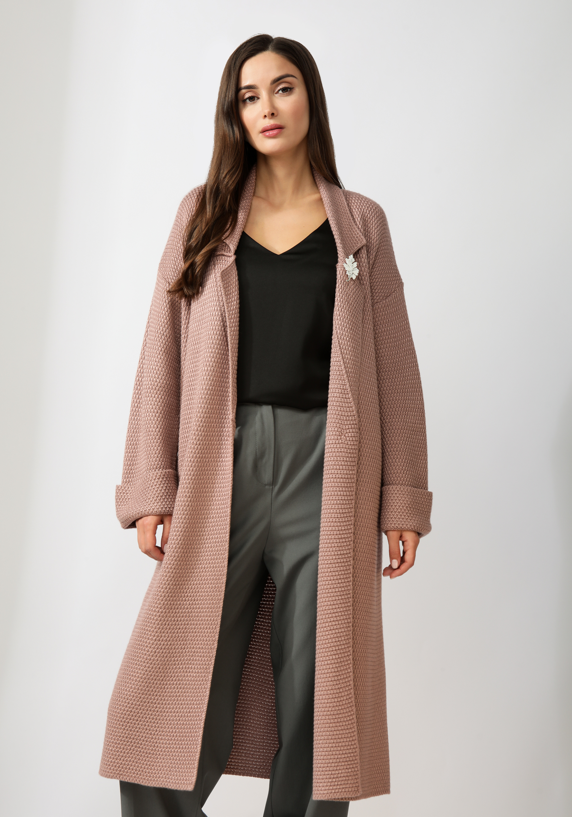 Пальто женское структурной вязки жаккардовое пальто без воротника