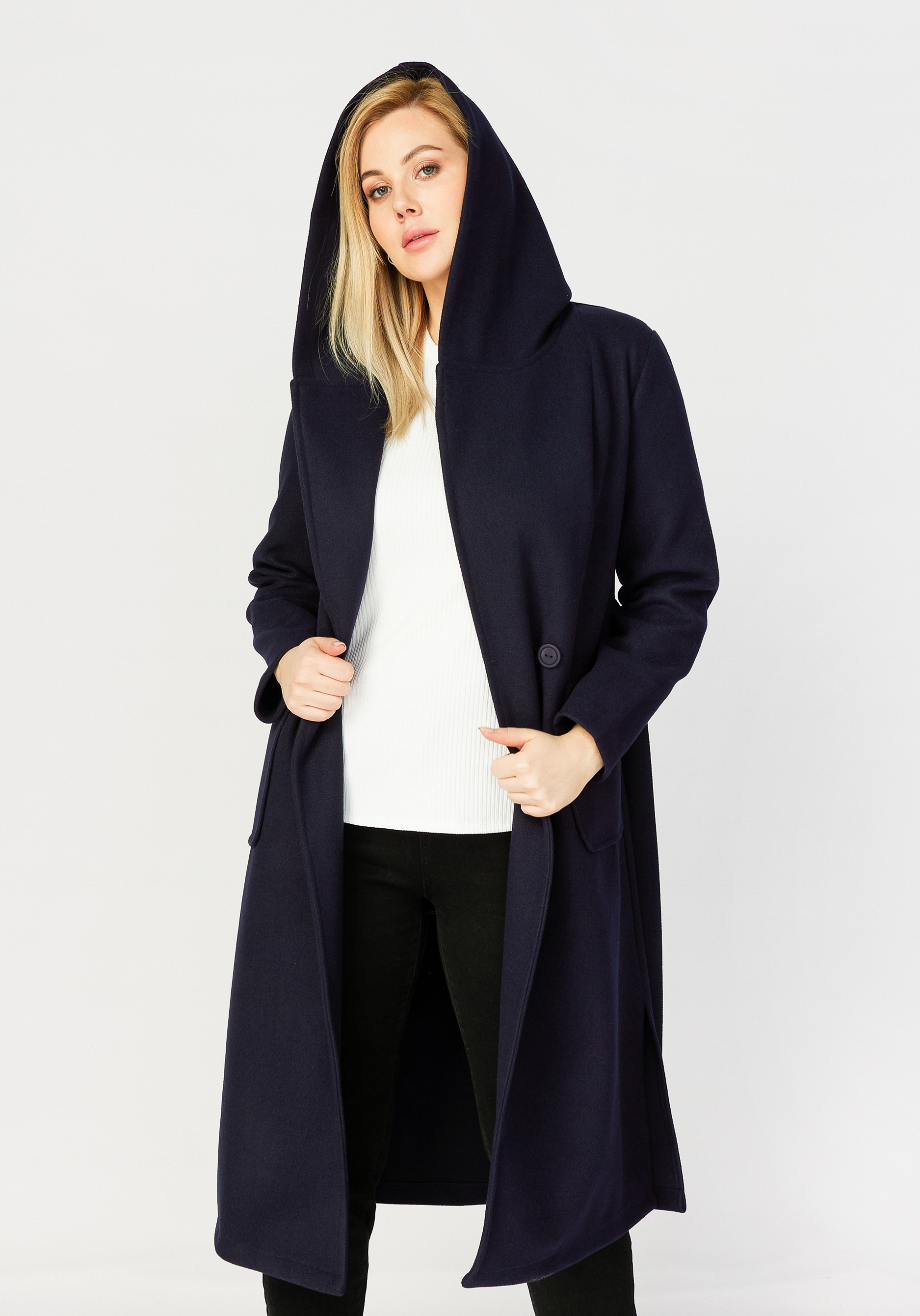 Пальто удлиненное с поясом и капюшоном Mio Imperatrice, размер 56, цвет синий
