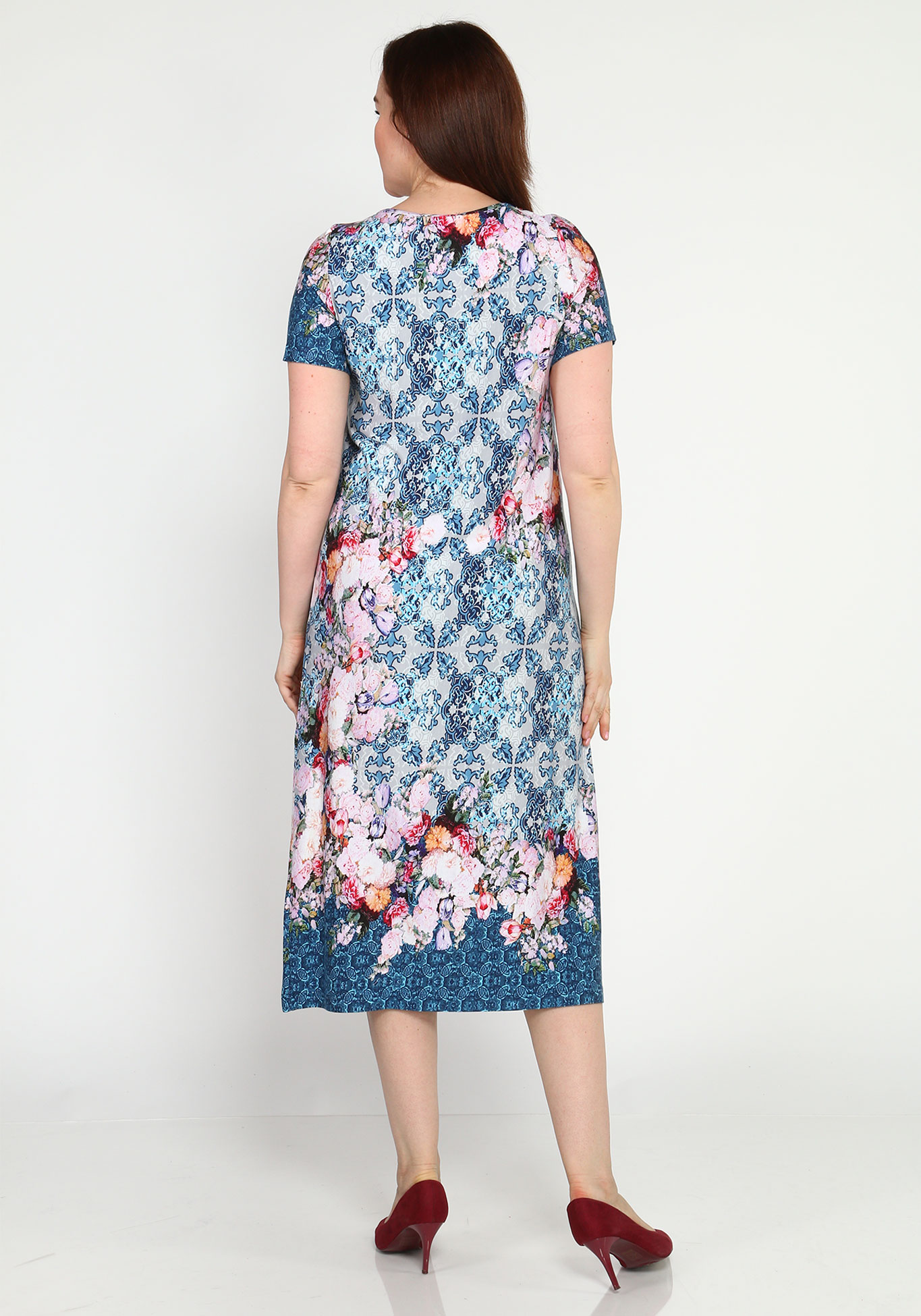 Платье прямое с принтом и короткими рукавами Синель, размер 46, цвет сине-розовый - фото 3