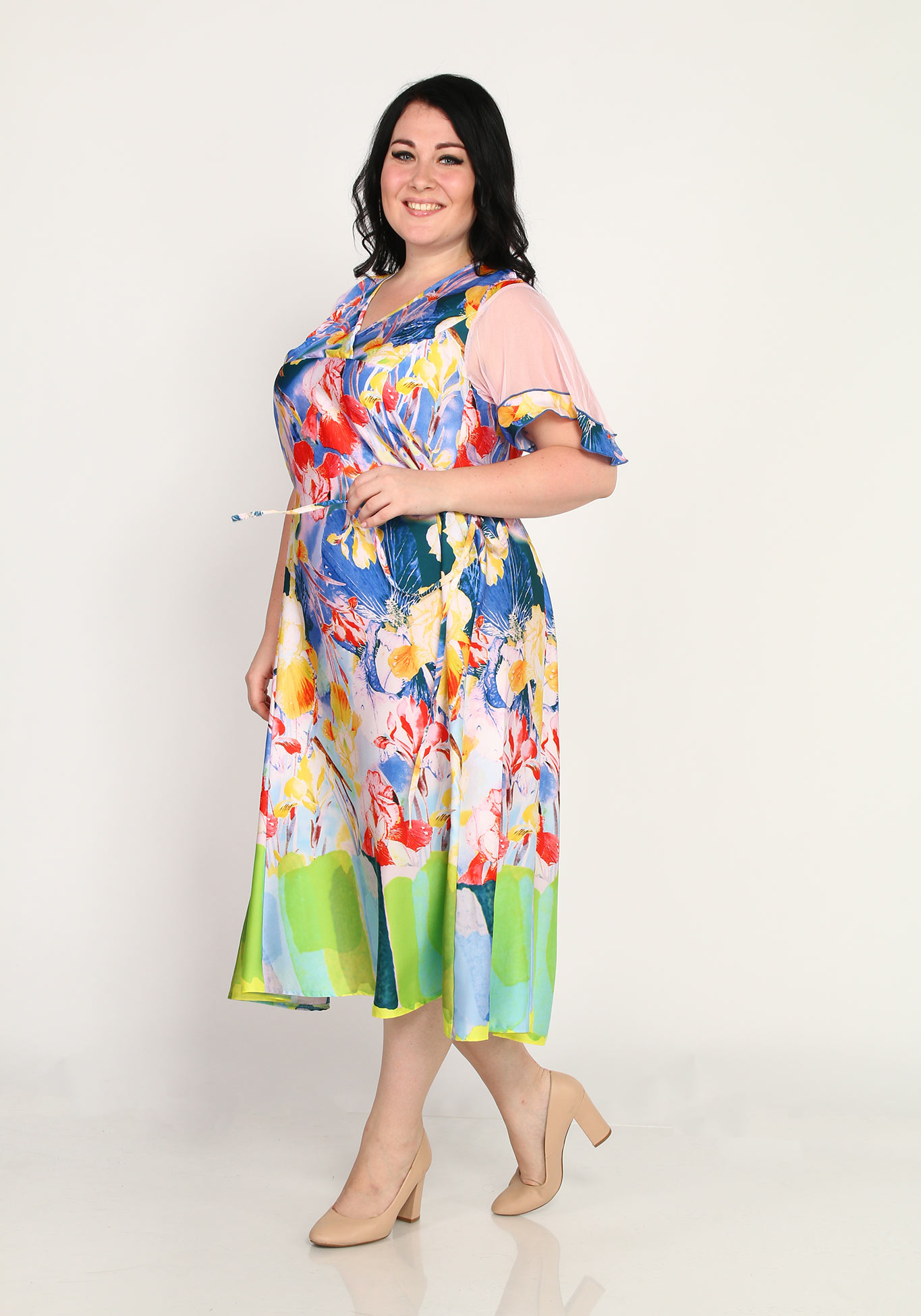 Платье-миди с двухслойным рукавом из сетки GalaGrosso, размер 52, цвет сине-малиновый - фото 1