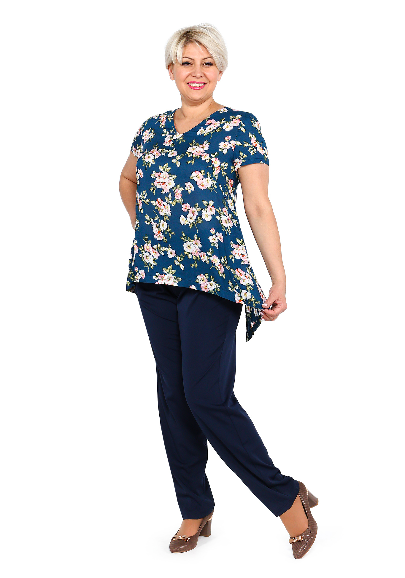 

Блуза с коротким рукавом и рисунком "Цветы", Синий