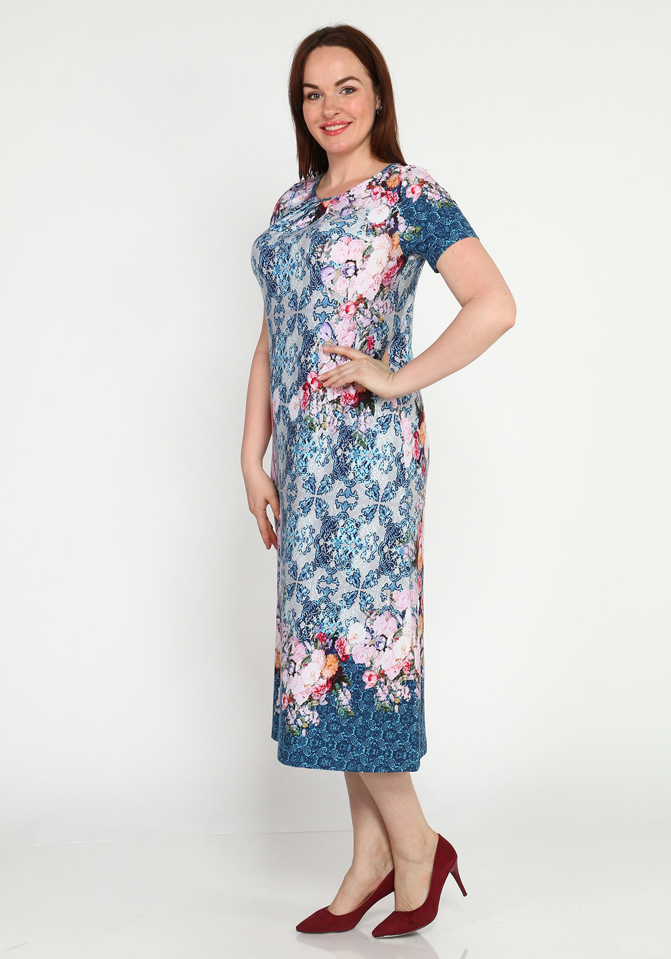 Платье прямое с принтом и короткими рукавами Синель, размер 46, цвет сине-розовый - фото 2