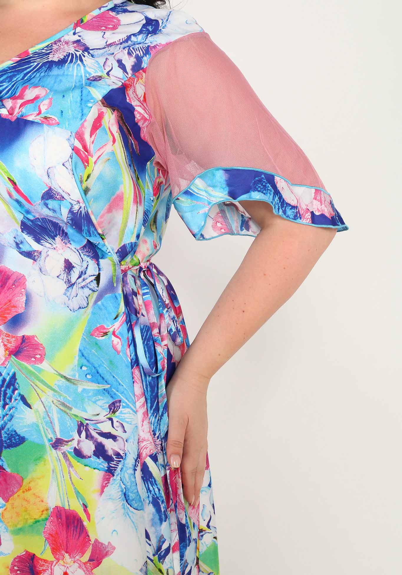 Платье-миди с двухслойным рукавом из сетки GalaGrosso, размер 52, цвет сине-малиновый - фото 4
