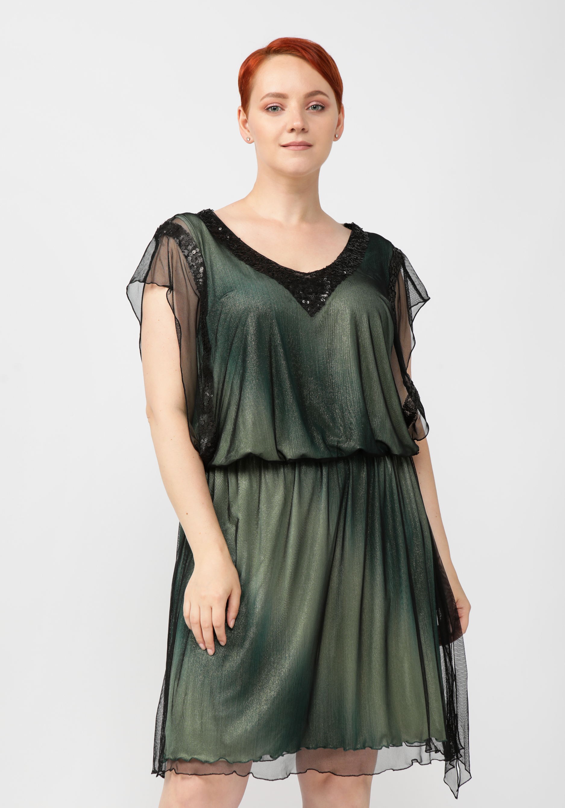Платье с заниженной линией талии и пайетками GalaGrosso, размер 54, цвет зеленый - фото 1