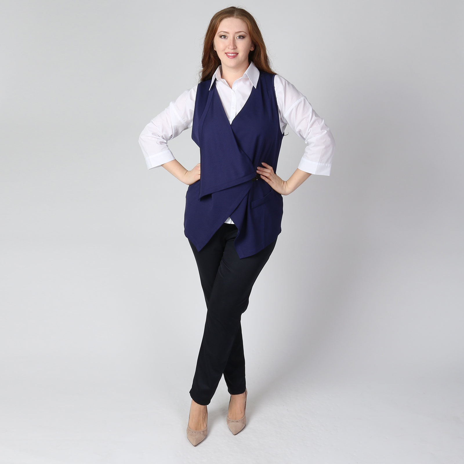 Комплект: блуза и асимметричный жилет Elletto Life, размер 60, цвет синий - фото 1