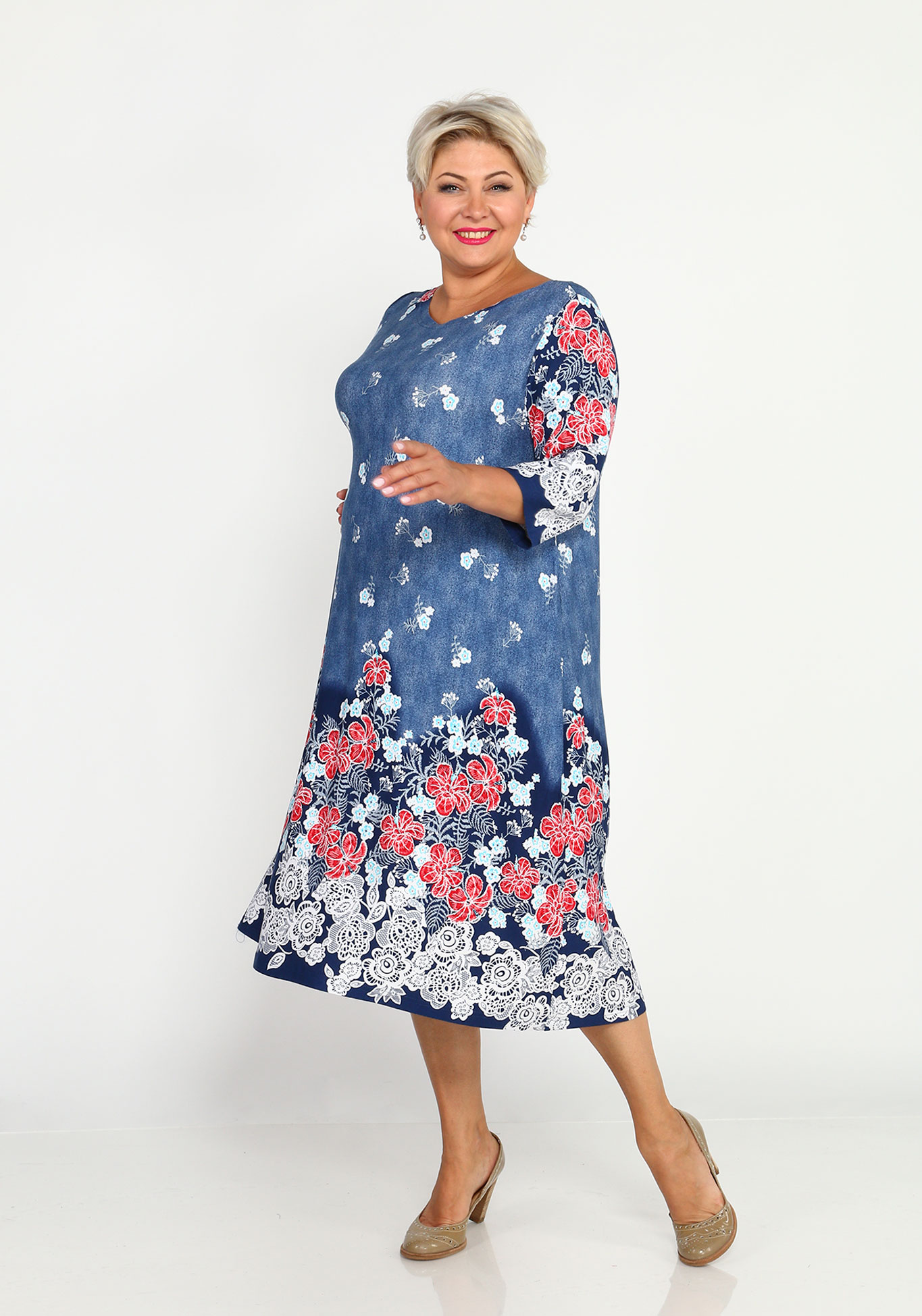 Платье расклешенное с принтом и рукавами 3/4 Синель, размер 50, цвет сине-голубой - фото 5