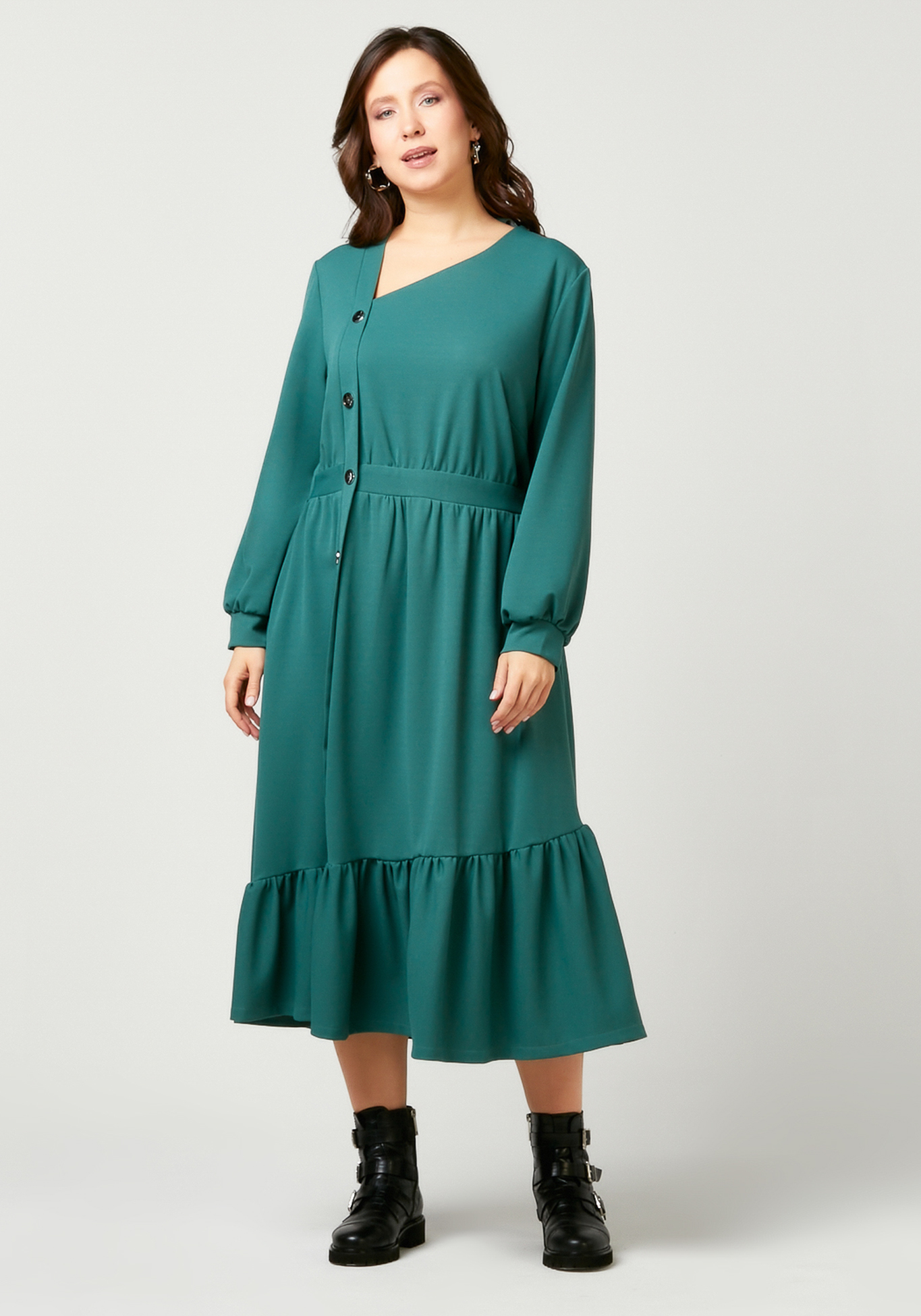 Платье однотонное с декоративными пуговицами Bianka Modeno, размер 50, цвет зеленый - фото 2
