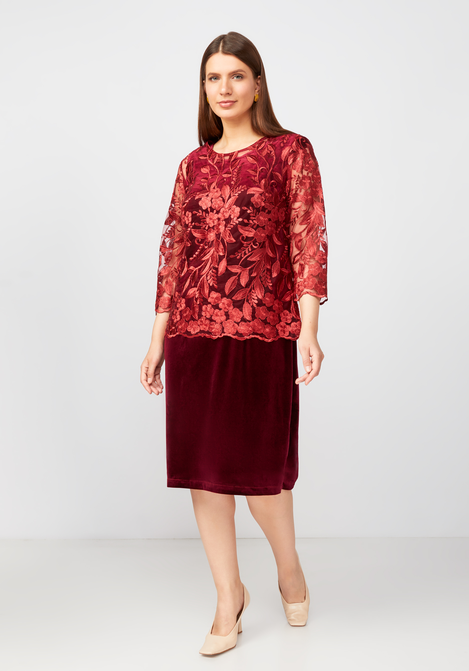 Платье с кружевной блузой Bel Fiore, размер 48, цвет кофейный - фото 10