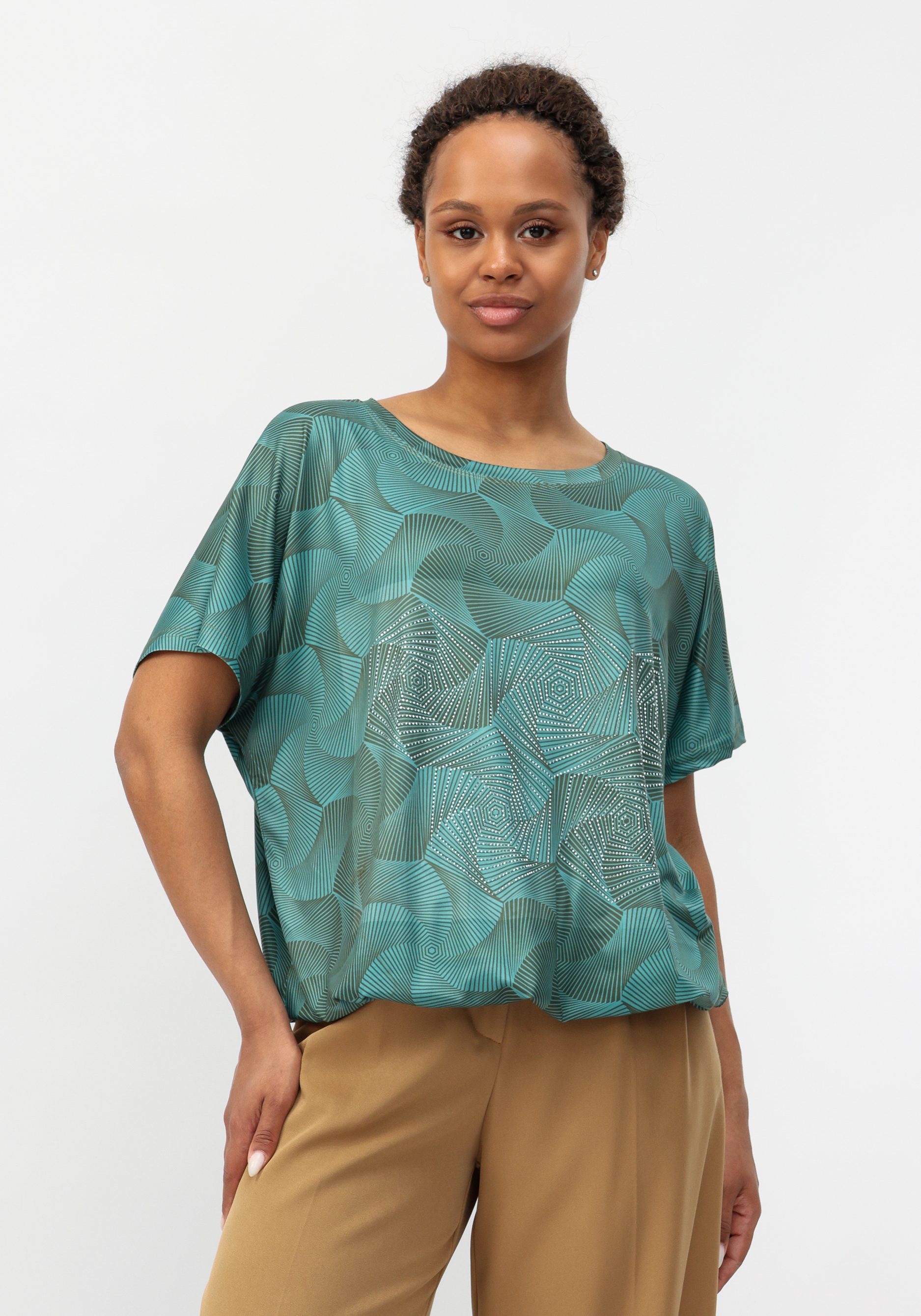 Блуза со стразами и принтом No name, размер 56-58, цвет зеленый - фото 1
