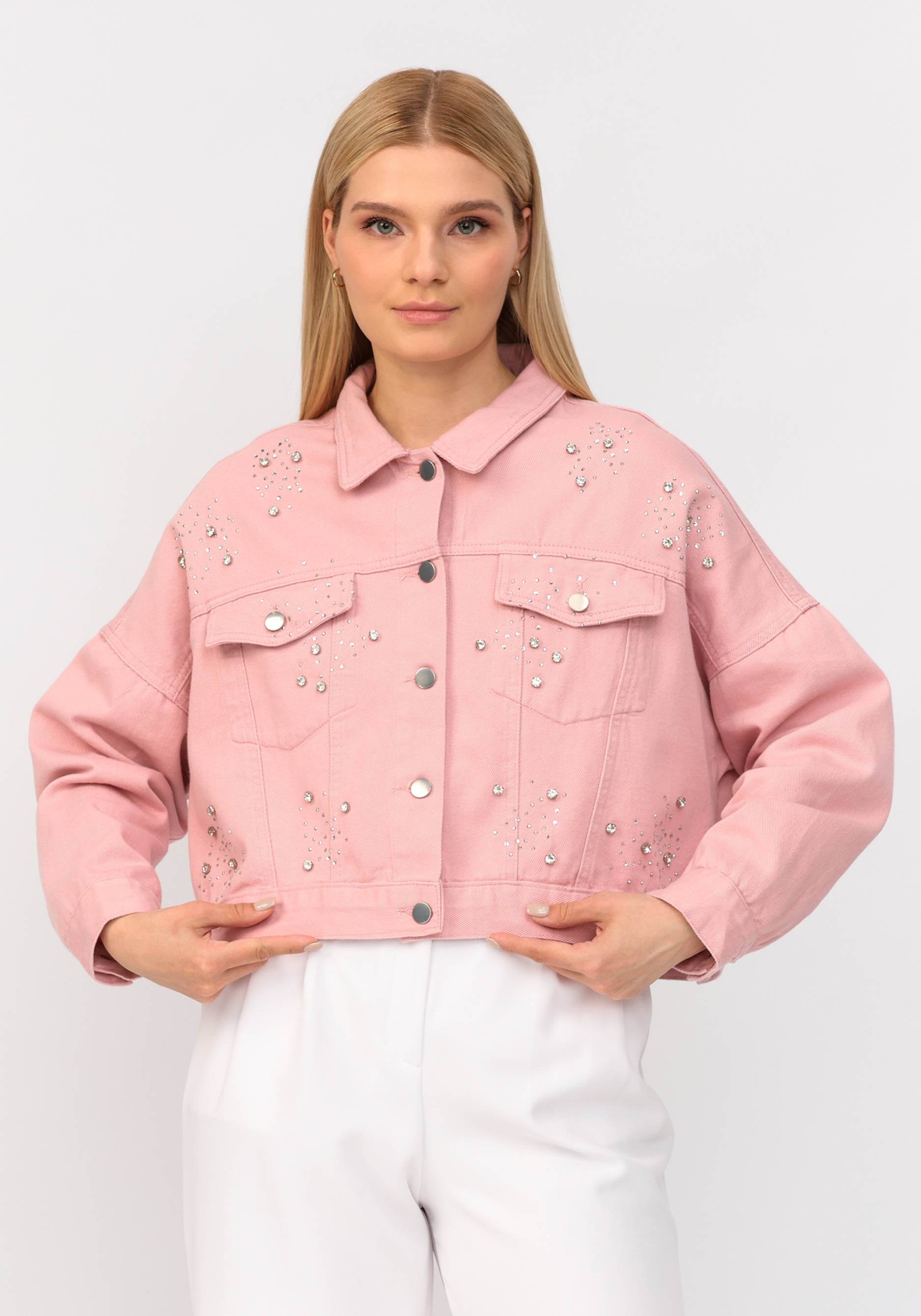 Джинсовая куртка со стразами No name, размер 52-54, цвет розовый - фото 6
