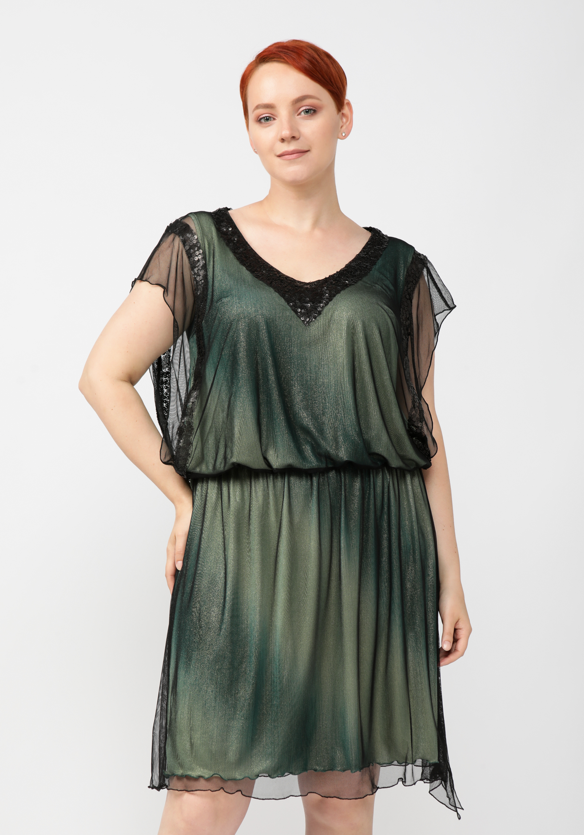 Платье с заниженной линией талии и пайетками GalaGrosso, размер 54, цвет зеленый - фото 4