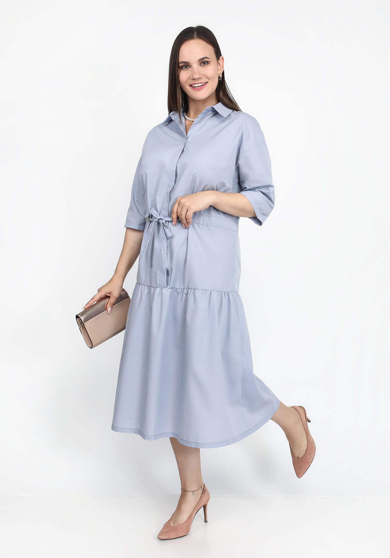 Платье с воланом и кулиской City Code, размер 48, цвет серо-голубой свободная модель - фото 3