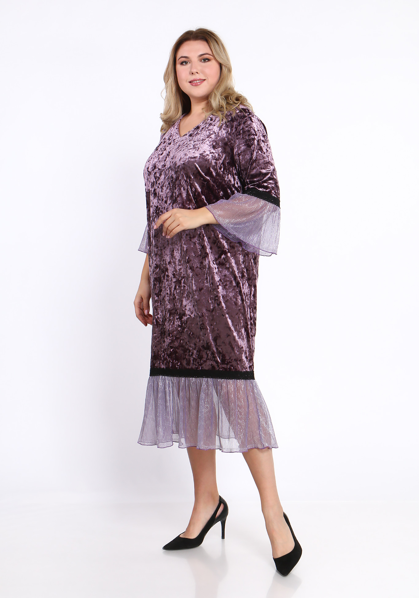 Платье велюровое с рукавом 3/4 Bianka Modeno, размер 52, цвет сиреневый - фото 3