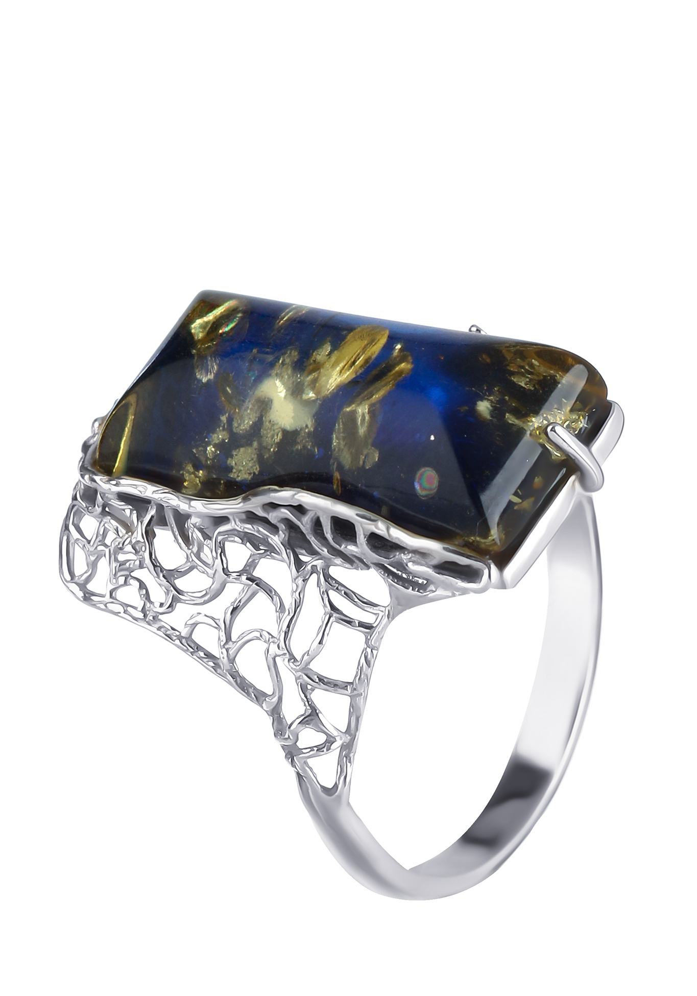 Серебряное кольцо  "Глубина вселенной" Янтарная волна, цвет синий, размер 18