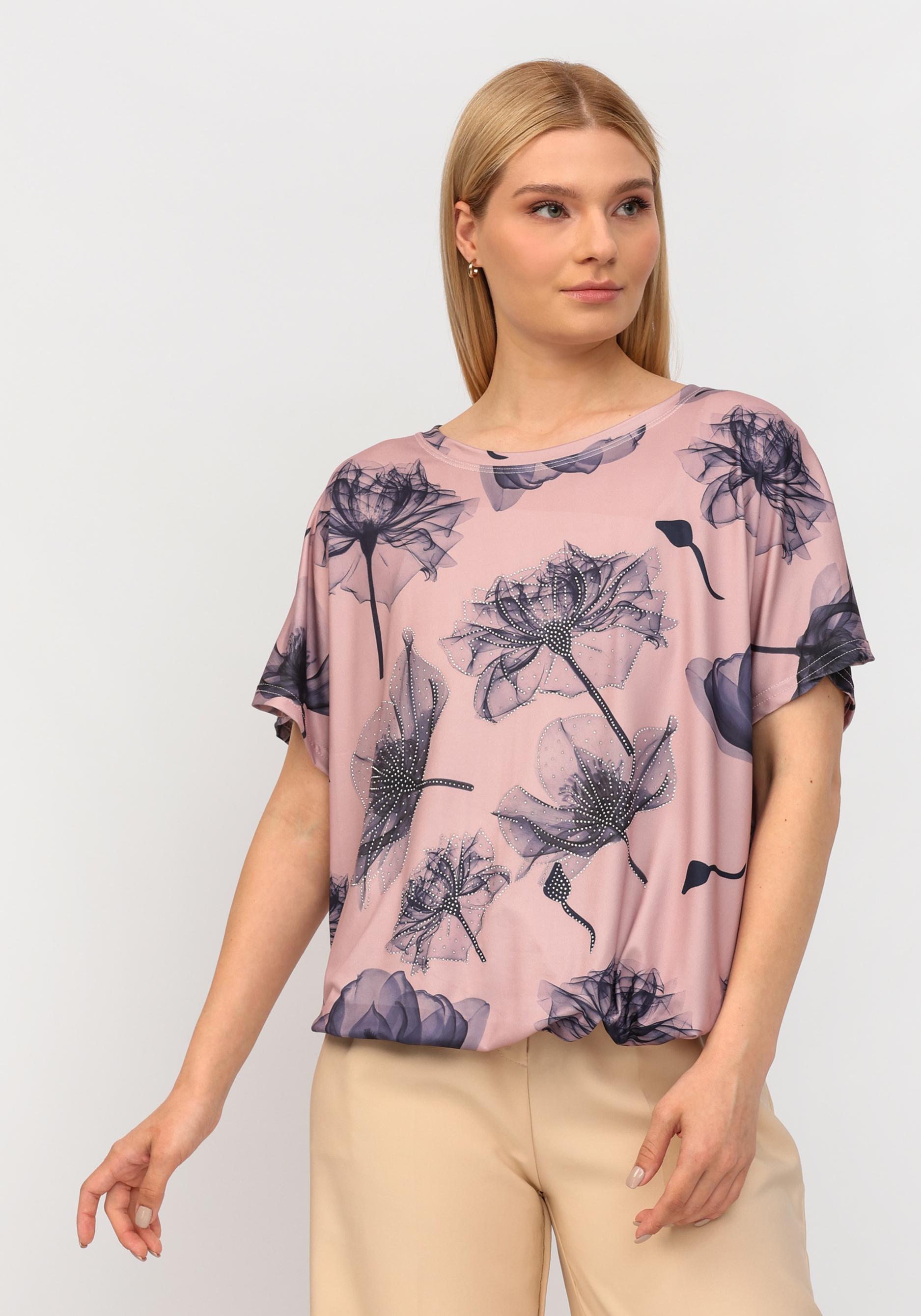 Блуза со стразами и цветочным принтом No name, размер 52-54 - фото 1