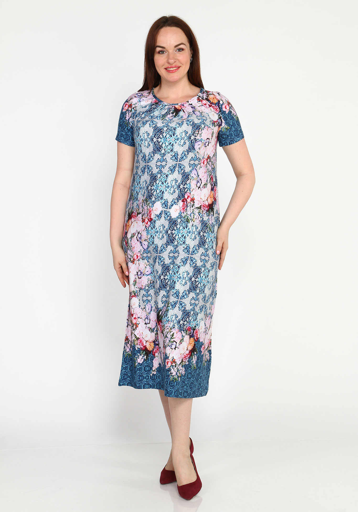 Платье прямое с принтом и короткими рукавами Синель, размер 46, цвет сине-розовый - фото 1