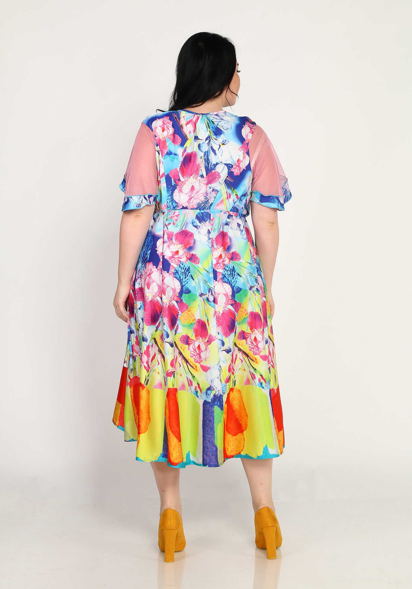 Платье-миди с двухслойным рукавом из сетки GalaGrosso, размер 52, цвет сине-малиновый - фото 3